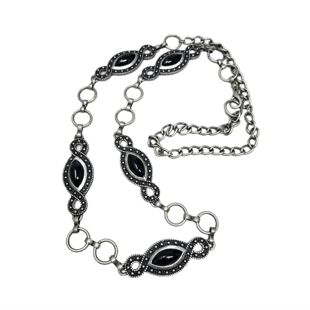Silver Tone Womens Western Ornate Black Stone Adj Belt Sizes For Pants Dresses